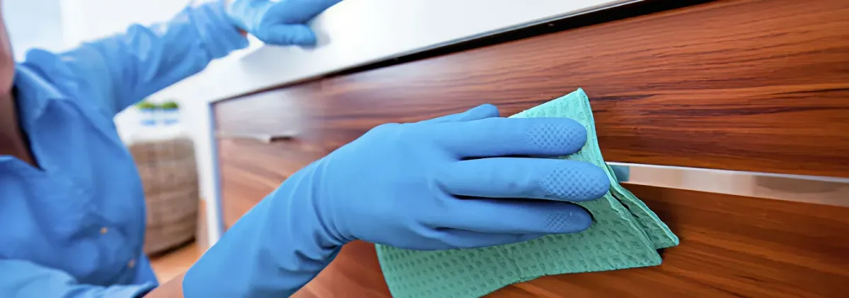 Cleaner wearing blue gloves wiping a wooden cabinet drawer with a microfiber cloth for dust and grime removal, Los Angeles, CA.