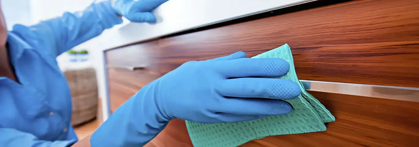 Cleaner wearing blue gloves wiping a wooden cabinet drawer with a microfiber cloth for dust and grime removal, Los Angeles, CA.