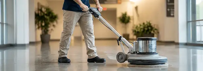 Professional technician using an industrial floor buffer to polish and maintain shiny commercial flooring in a corporate hallway in Los Angeles, CA.