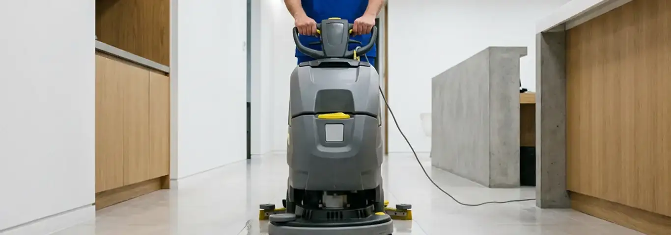 Janitorial staff using a floor scrubber machine to clean a commercial hallway, Los Angeles, CA.