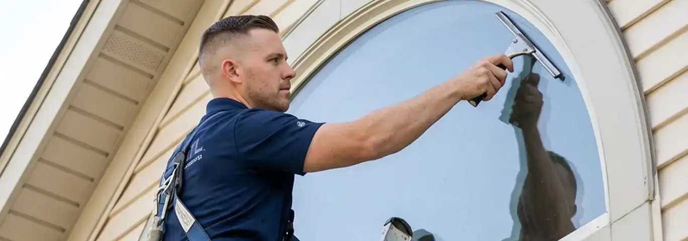 Professional window cleaner using a squeegee to clean an exterior arched window on a home, Los Angeles, CA.