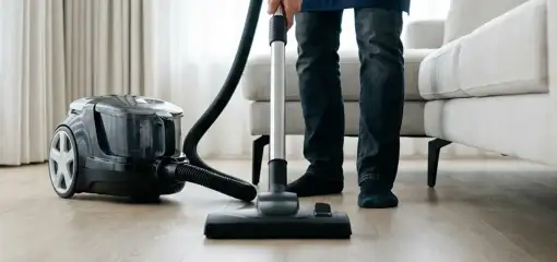 Professional house cleaner vacuuming a living room floor with a canister vacuum cleaner, Los Angeles, CA.