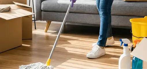 Move-out cleaning setup with a cleaner mopping hardwood floors near moving boxes and cleaning supplies, Los Angeles, CA.