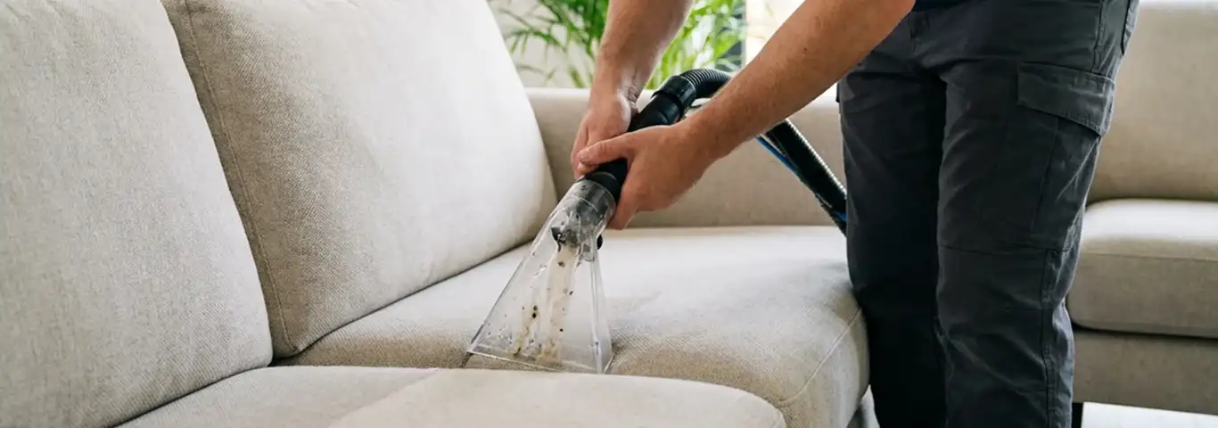 Technician extracting dirt and moisture from a fabric sofa with an upholstery cleaning wand, Los Angeles, CA.
