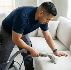 Professional upholstery cleaning technician using an extraction wand to deep-clean a fabric sofa, Los Angeles, CA.