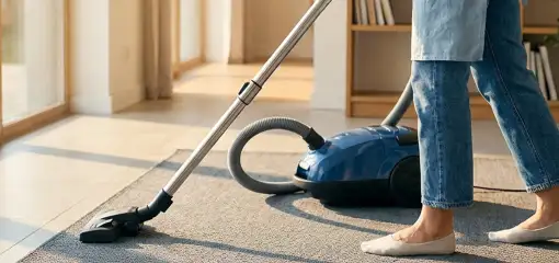 Person vacuuming a living room rug with a canister vacuum cleaner near large windows, Los Angeles, CA.